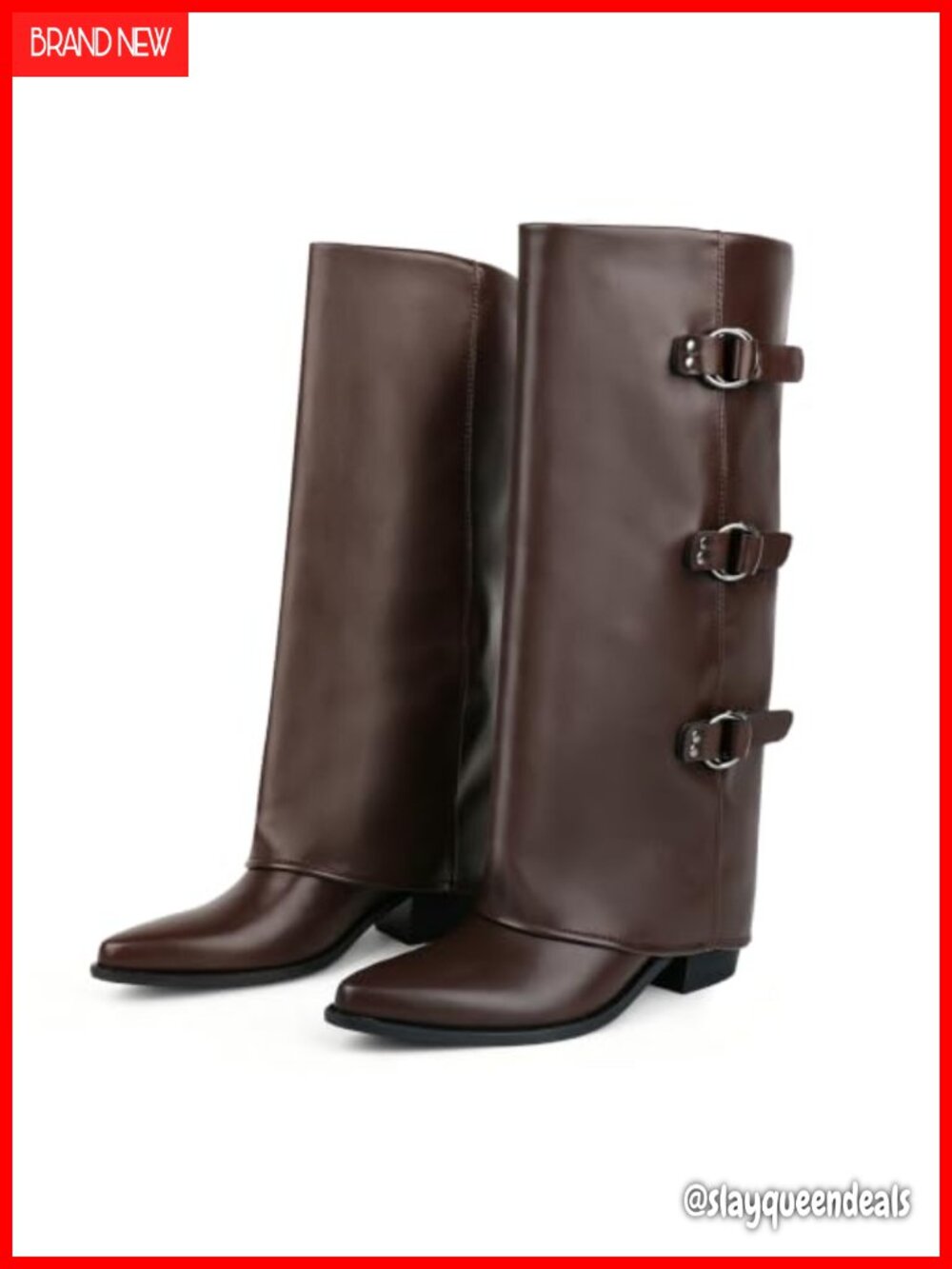 Women Faux Leather Knee High Boots Pointed Toe Block Heel Moto